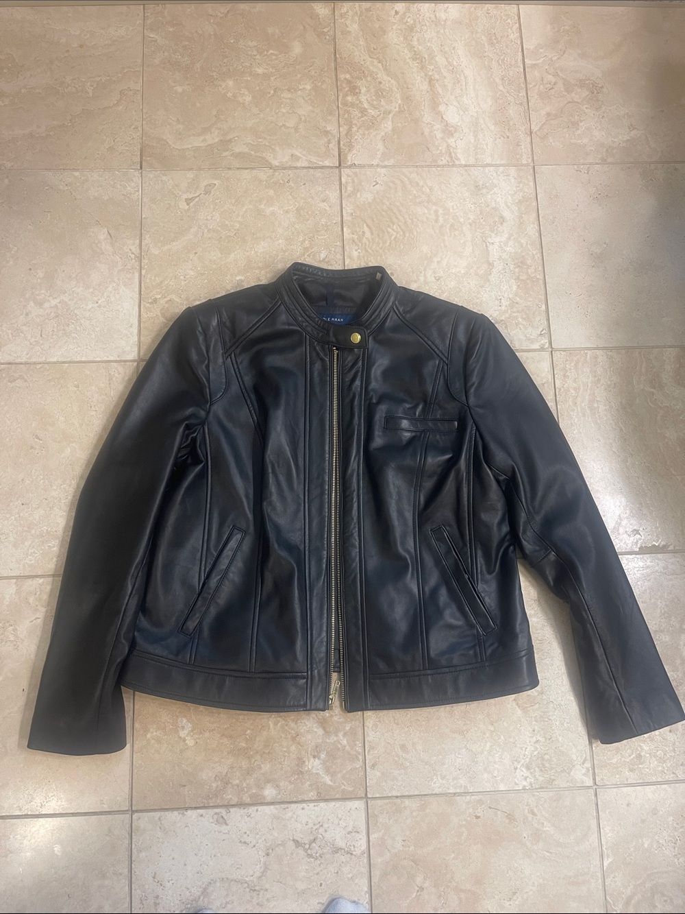 Cole Haan 100% Leather Wing Collar Jacket Black XL NWOT Gold Hardware